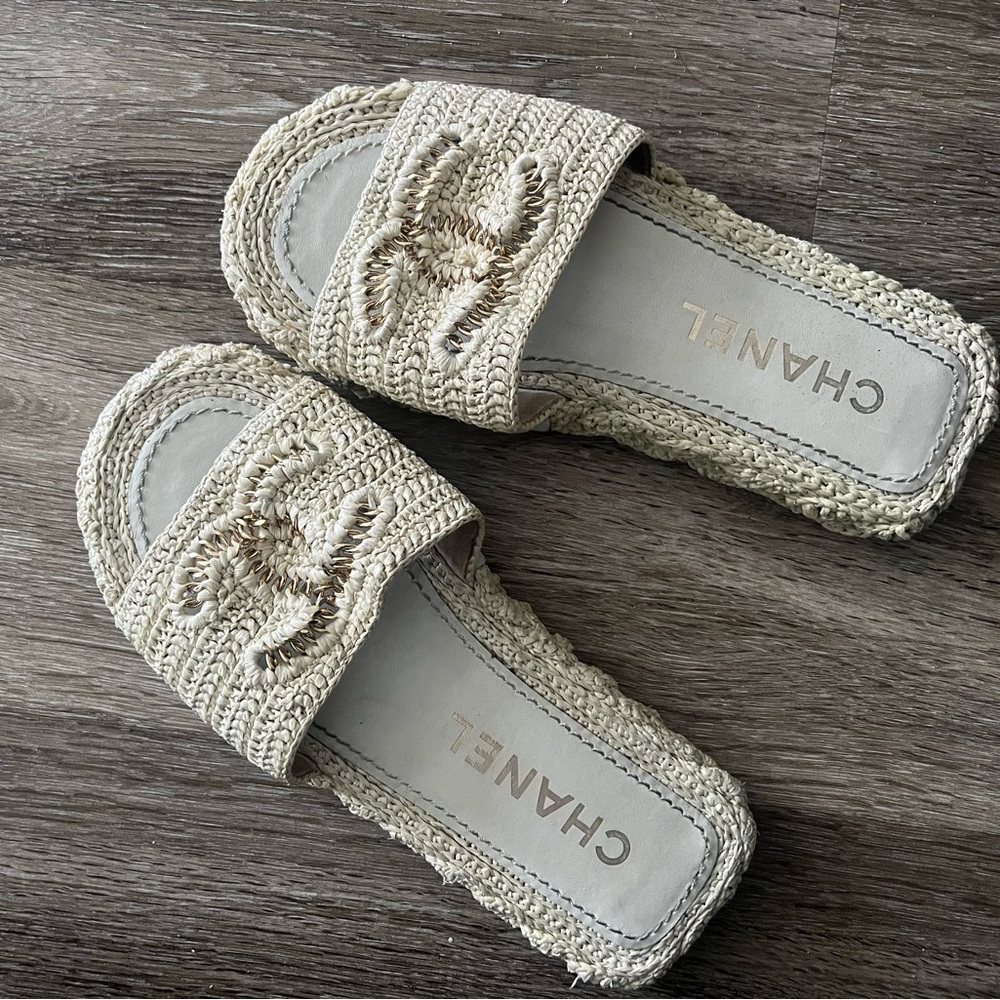 CHANEL Cream Crochet Sandals